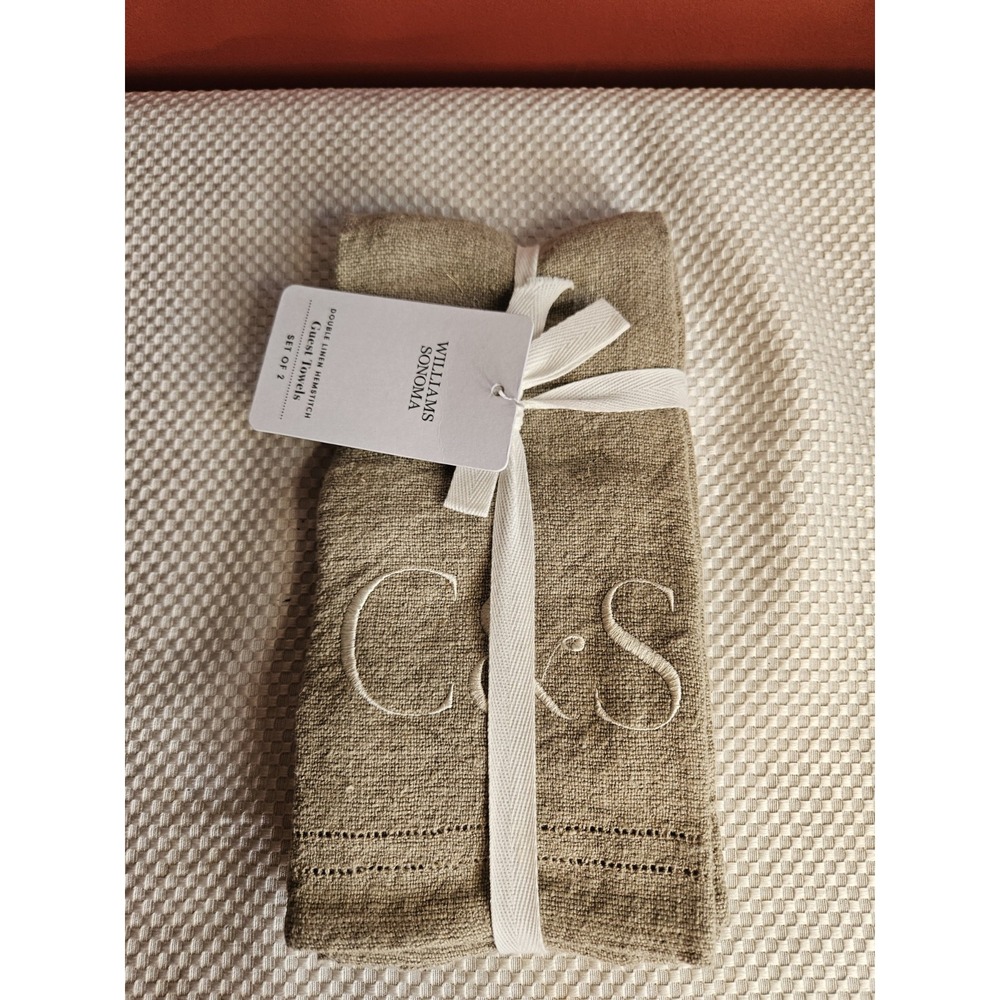 NWT Williams Sonoma Flax Linen Hemstitch Guest Towels Set of 2 Monogram C&S